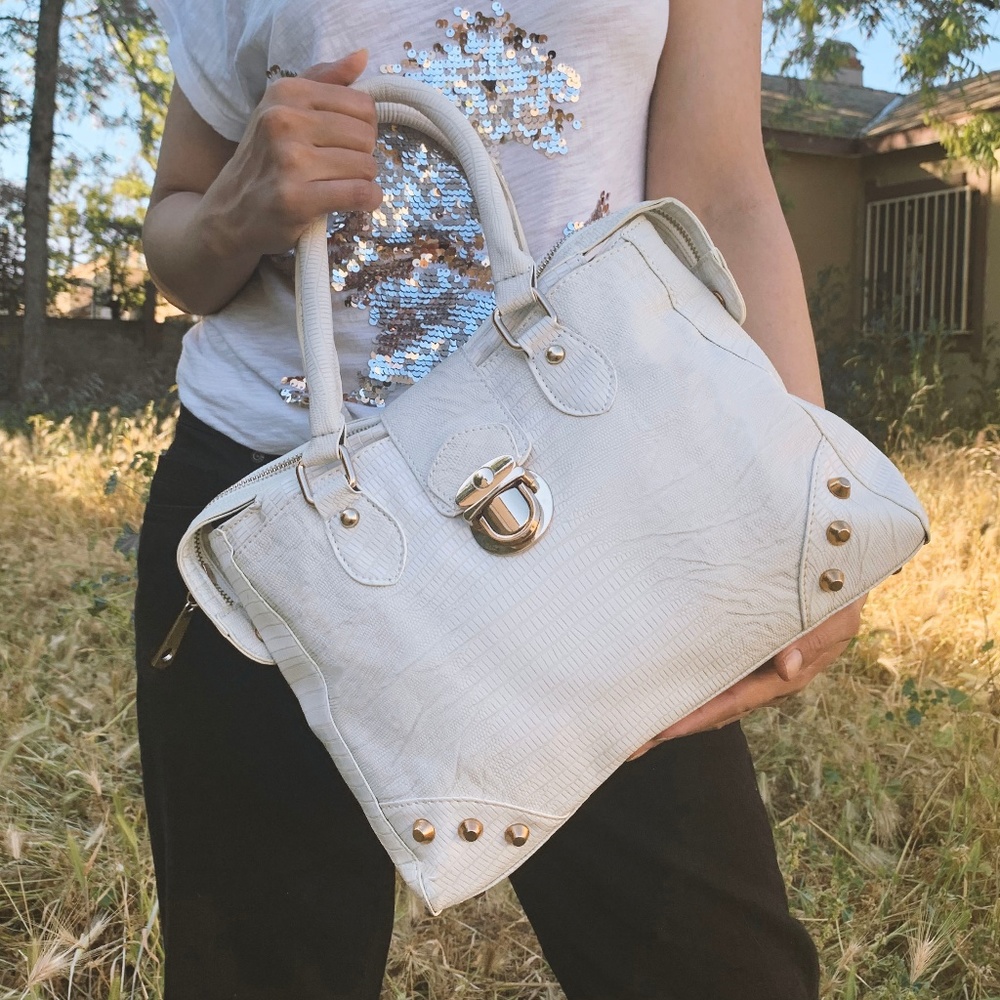 Textured White Handbag Satchel Bag Faux Leather